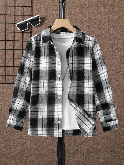SHEIN 1-Pack Of Boys' Casual Black And White Plaid Long-Sleeved Shirts Suitable For Leisure School Outings And Easy Matching Clothes Suitable For Summer,Back To School