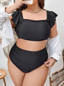 SHEIN Swim Curve Conjunto de bikini con ribete de volantes y plisado para tallas grandes - Negro - Ver 4