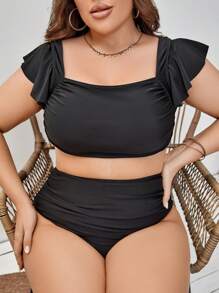 SHEIN Swim Curve Conjunto de bikini con ribete de volantes y plisado para tallas grandes - Negro - Ver 5
