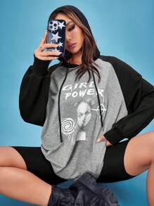 SHEIN Unity Figure Graphic Raglan Sleeve Drawstring Hoodie - Multicolor - View 3