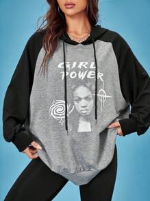 SHEIN Unity Figure Graphic Raglan Sleeve Drawstring Hoodie - Multicolor - View 4