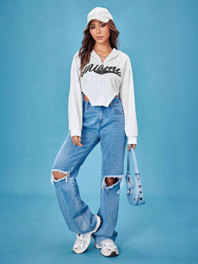 Letter Graphic Asymmetrical Hem Hoodie Pullover Fall Sweatshirt