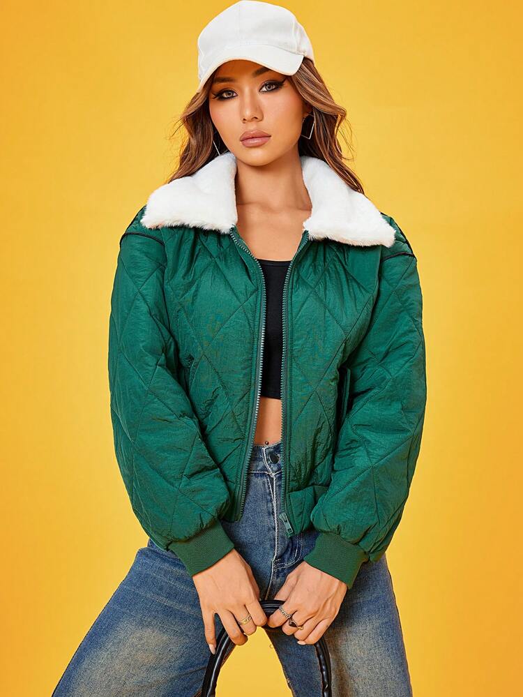 Borg Collar Drop Shoulder Quilted Padded Coat Clothes Winter