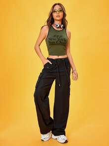 SHEIN Unity 字母圖案撞色滾邊背心上衣 - 軍綠色 - 查看 6