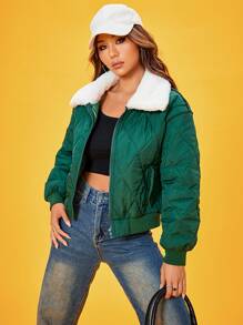 SHEIN Unity 博格领落肩绗缝棉服外套冬季 - 綠色 - 查看 4