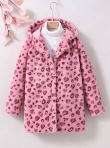 SHEIN Tween Girl 1pc Leopard Pattern Hooded Teddy Coat - Pink - View 1