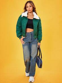 SHEIN Unity 博格领落肩绗缝棉服外套冬季 - 綠色 - 查看 5