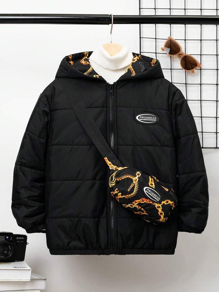 Tween Boy 1pc Letter Patched Detail Zipper Hooded Padded Coat With Bag