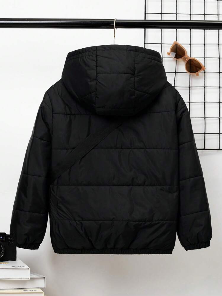 Tween Boy 1pc Letter Patched Detail Zipper Hooded Padded Coat With Bag