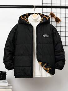 SHEIN Tween Boy 1 cái Chữ Vá Chi Tiết Dây Kéo Có Mũ Trùm Áo Đệm Có Túi - màu đen - Xem 3