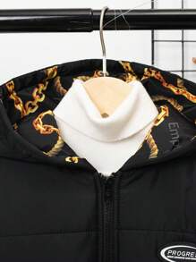 SHEIN Tween Boy 1 cái Chữ Vá Chi Tiết Dây Kéo Có Mũ Trùm Áo Đệm Có Túi - màu đen - Xem 5