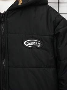 SHEIN Tween Boy 1 cái Chữ Vá Chi Tiết Dây Kéo Có Mũ Trùm Áo Đệm Có Túi - màu đen - Xem 8