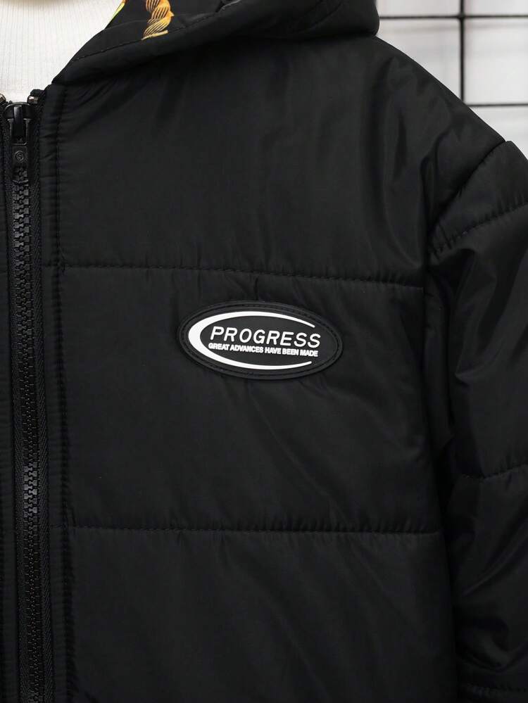 Tween Boy 1pc Letter Patched Detail Zipper Hooded Padded Coat With Bag