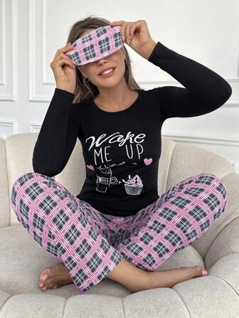RueChic Pyjama Set mit Buchstabe & Plaid Muster,