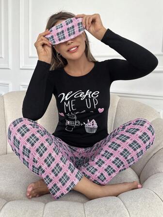 SHEIN Cottnline Impressão De Slogan E Xadrez Conjunto De Pijama