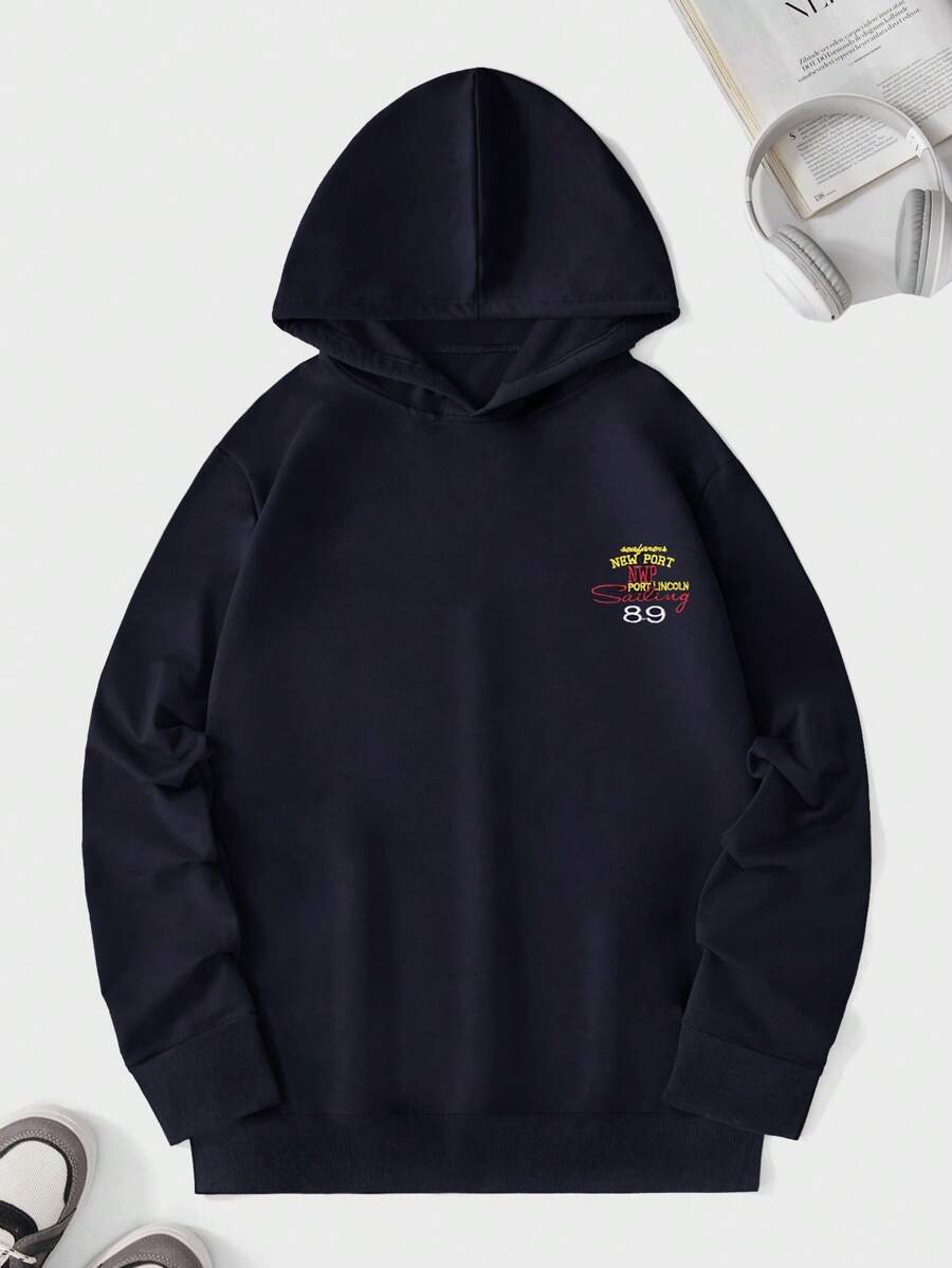 RueChic Men Letter Embroidery Hoodie - Black - View 1