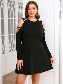 SHEIN Clasi 大碼珍珠串珠交叉挖肩洋裝 - 黑色 - 查看 4