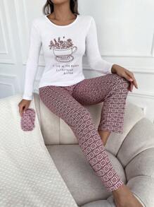 RueChic Floral And Slogan Graphic PJ Set - Red and White - View 1