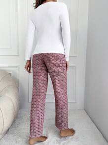 RueChic Floral And Slogan Graphic PJ Set - Red and White - View 2