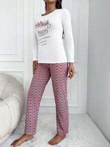 RueChic Floral And Slogan Graphic PJ Set - Red and White - View 3