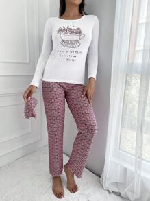 RueChic Floral And Slogan Graphic PJ Set - Red and White - View 4