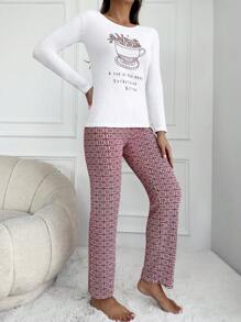 RueChic Floral And Slogan Graphic PJ Set - Red and White - View 5
