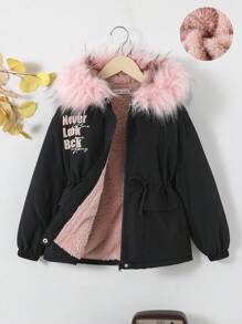 SHEIN 女大童標語圖案毛茸邊連帽加絨內裏外套 - 黑色 - 查看 1