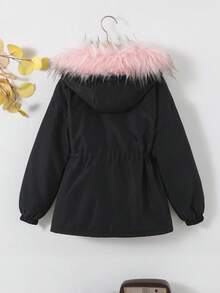 SHEIN 女大童標語圖案毛茸邊連帽加絨內裏外套 - 黑色 - 查看 2