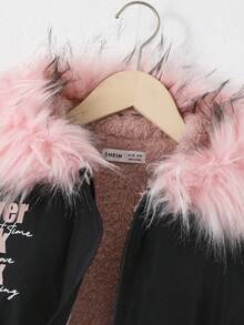 SHEIN 女大童標語圖案毛茸邊連帽加絨內裏外套 - 黑色 - 查看 6