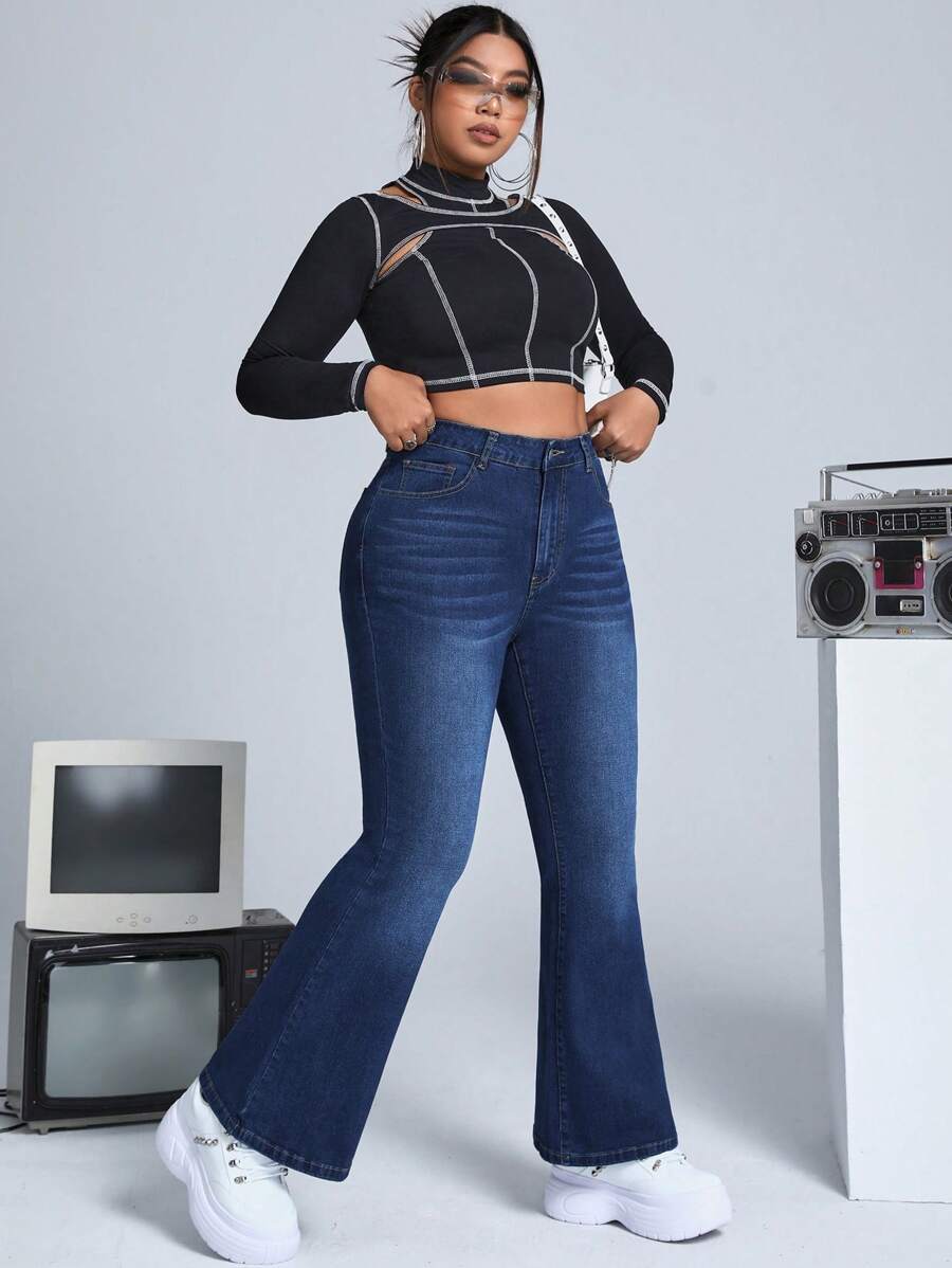 SHEIN ICON Plus High Waist Flare Leg Jeans - Dark Wash - View 1