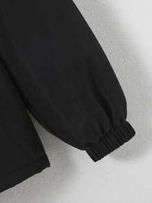 SHEIN 女大童標語圖案毛茸邊連帽加絨內裏外套 - 黑色 - 查看 7