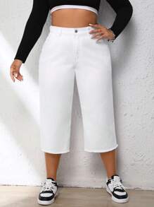 SHEIN EZwear Plus High Waist Raw Hem Straight Leg Jeans - White - View 1