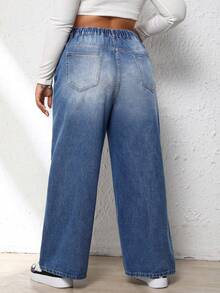 SHEIN EZwear 大碼破洞直筒牛仔褲 - 中等水洗藍 - 查看 2