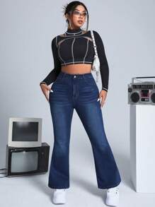 SHEIN ICON Plus High Waist Flare Leg Jeans - Dark Wash - View 3