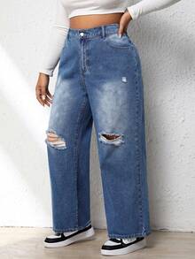 SHEIN EZwear 大碼破洞直筒牛仔褲 - 中等水洗藍 - 查看 3