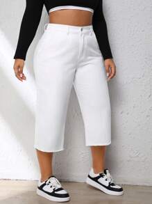 SHEIN EZwear Plus High Waist Raw Hem Straight Leg Jeans - White - View 3