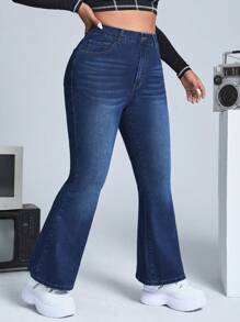 SHEIN ICON Plus High Waist Flare Leg Jeans - Dark Wash - View 4