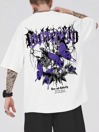Goth Men Slogan & Butterfly Graphic Tee, School