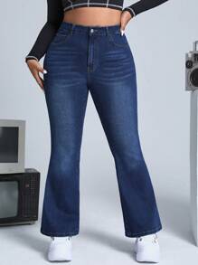 SHEIN ICON Plus High Waist Flare Leg Jeans - Dark Wash - View 5