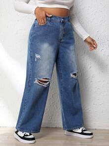 SHEIN EZwear 大碼破洞直筒牛仔褲 - 中等水洗藍 - 查看 5