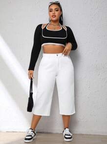 SHEIN EZwear Plus High Waist Raw Hem Straight Leg Jeans - White - View 4