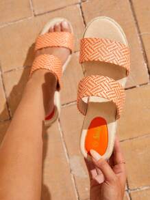 SheIn VCAY Của phụ nữ Rơm rạ Dệt Tương phản Màu sắc Zigzag Pattern Dép quai hậu , Kỳ nghỉ Phong cách - trái cam - Xem 3