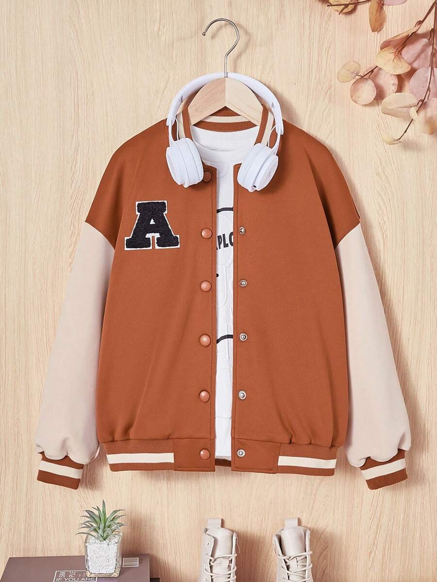 SHEIN 女大童字母貼布條紋飾邊落肩袖學院風夾克不帶T恤 - 棕色 - 查看 1