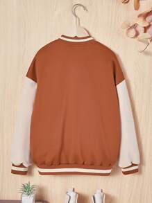 SHEIN 女大童字母貼布條紋飾邊落肩袖學院風夾克不帶T恤 - 棕色 - 查看 2