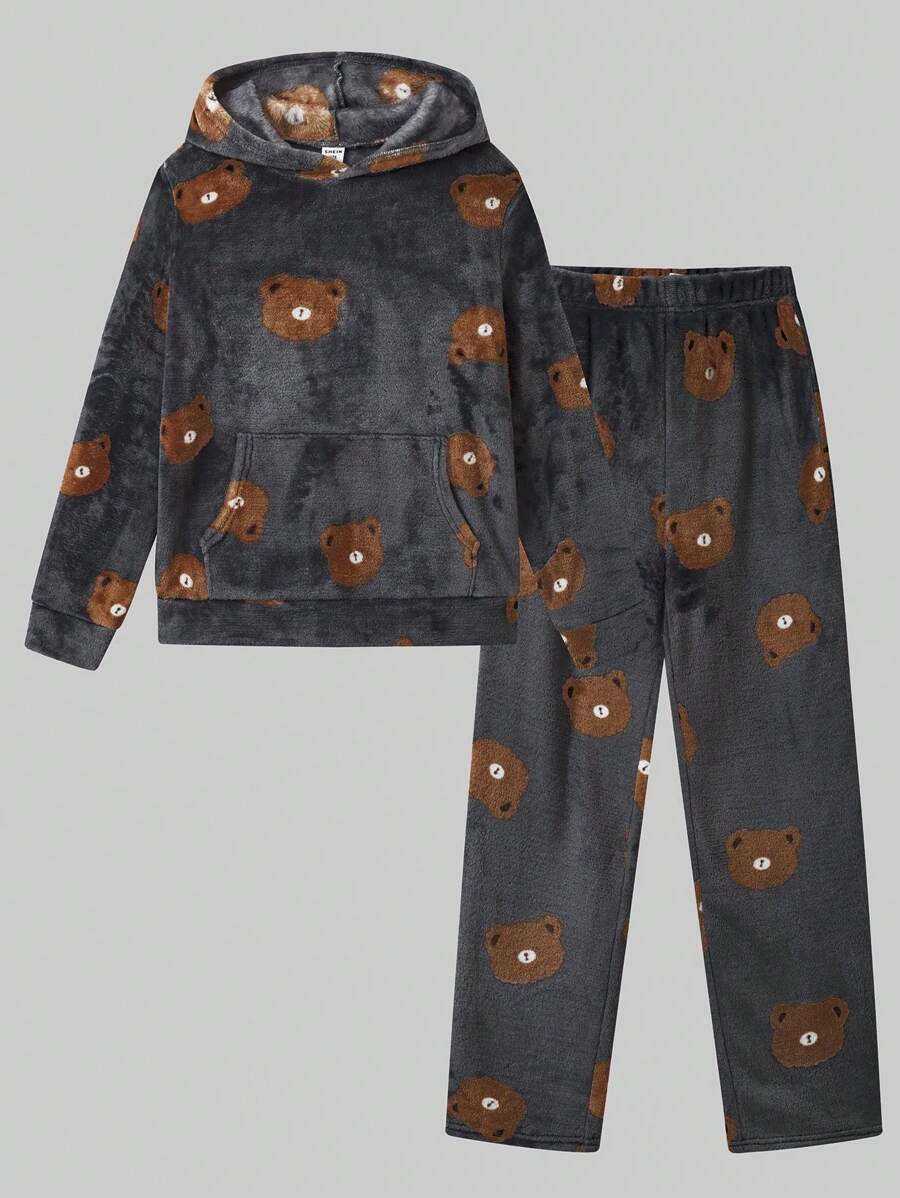 SHEIN Cậu bé Tween In Gấu Túi kangaroo áo có mũ Flannel Bộ PJ - Nhiều màu - Xem 1