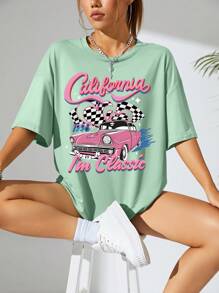 SHEIN EZwear Camiseta de hombros caídos con estampado de coche y letra - Verde - Ver 1