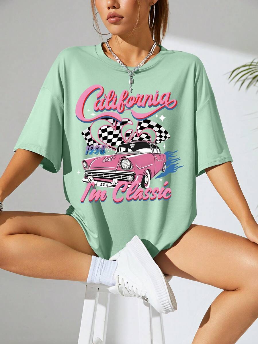 SHEIN EZwear Camiseta de hombros caídos con estampado de coche y letra - Verde - Ver 1
