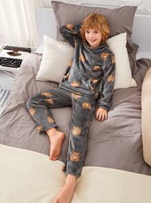 SHEIN Cậu bé Tween In Gấu Túi kangaroo áo có mũ Flannel Bộ PJ - Nhiều màu - Xem 6