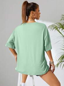 SHEIN EZwear Camiseta de hombros caídos con estampado de coche y letra - Verde - Ver 2