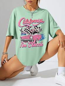 SHEIN EZwear Camiseta de hombros caídos con estampado de coche y letra - Verde - Ver 3